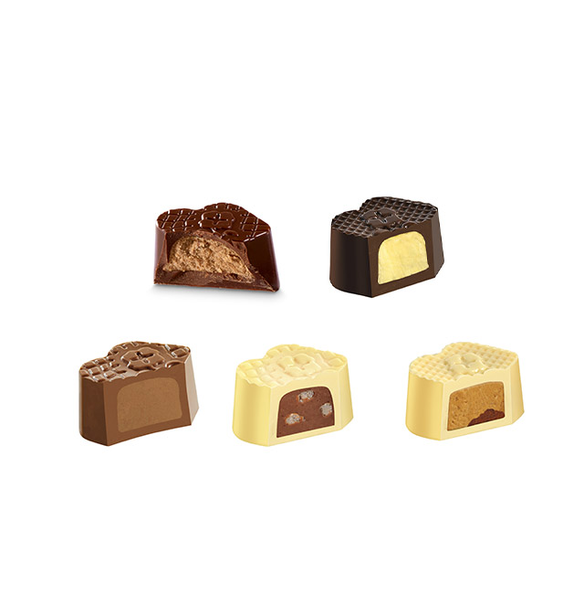 5 sortes de chocolats allégés en sucre Leonidas : Manon, Nibs, praliné, praliné riz soufflé, vanille